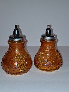 Imperial Glass Grape pattern marigold carnival glass salt and pepper shakers